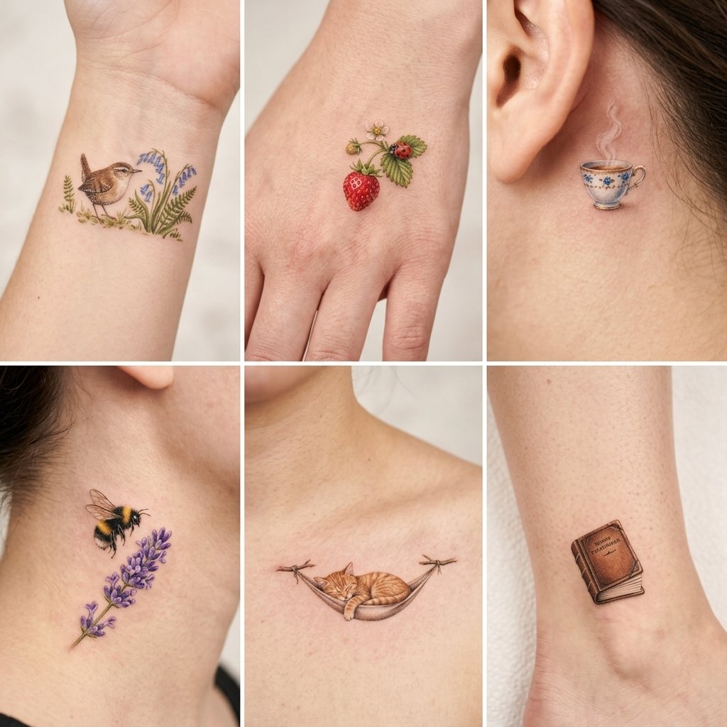 Color micro-realism tetování Praha — kolekce barevných fotorealistických motivů: ptáček, jahoda, šálek čaje, včela s levandulí, kočka v houpací síti, kniha